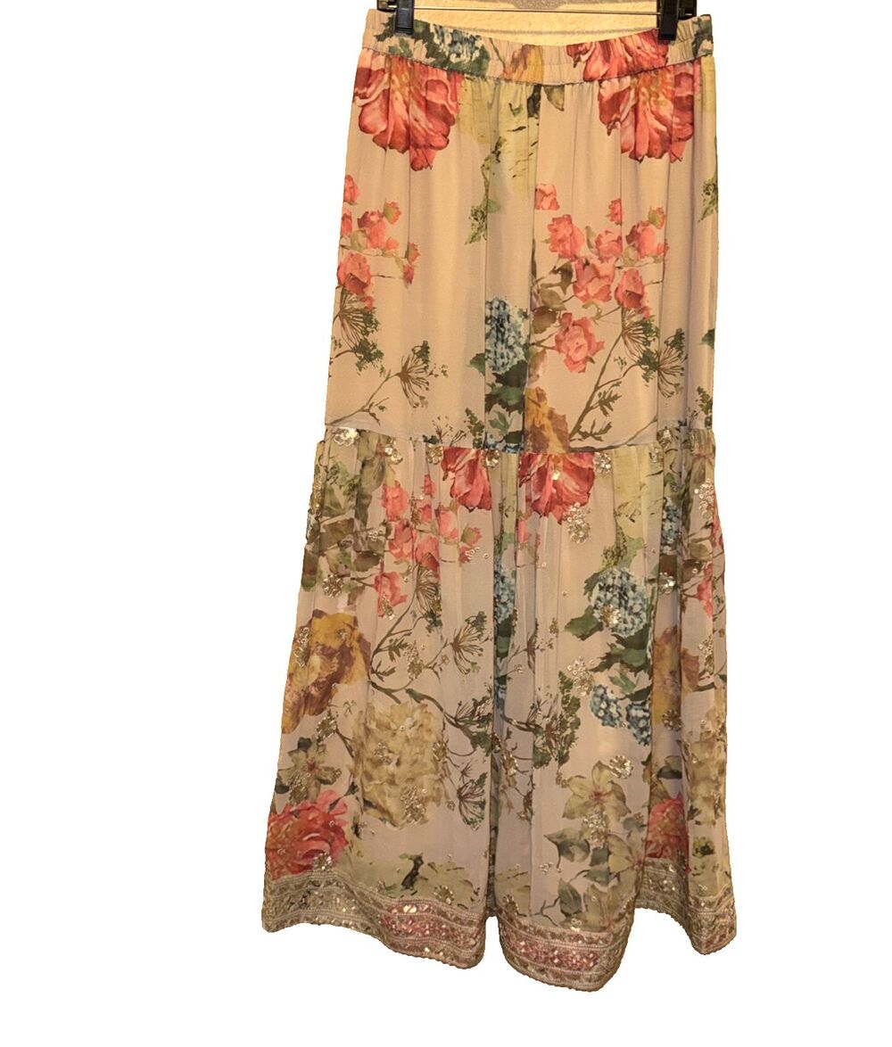 Floral Chiffon Palazzo Pants Wide Leg Beaded Sequin Lined Skirt Look Boho L - Picture 3 of 11